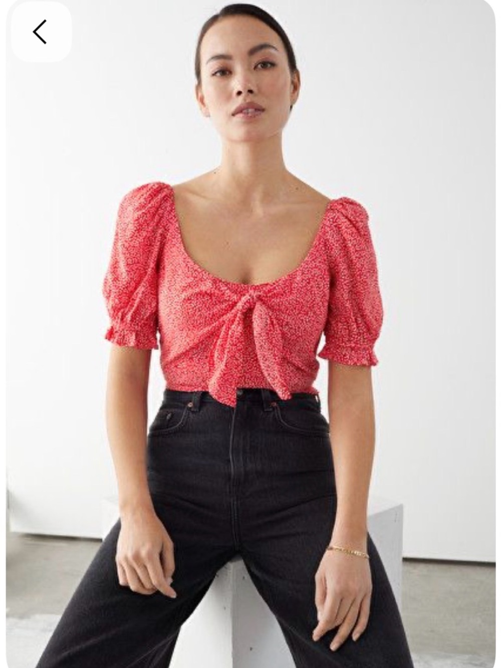 & Other Stories Red Floral Tie-Front Puff Sleeve Top women’s 100% viscose sz 4